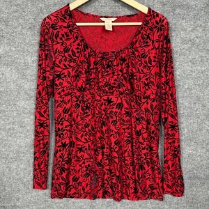 Sundance Size Large Velour Scoop Neck Top Blouse Red Black Floral Long Sleeves